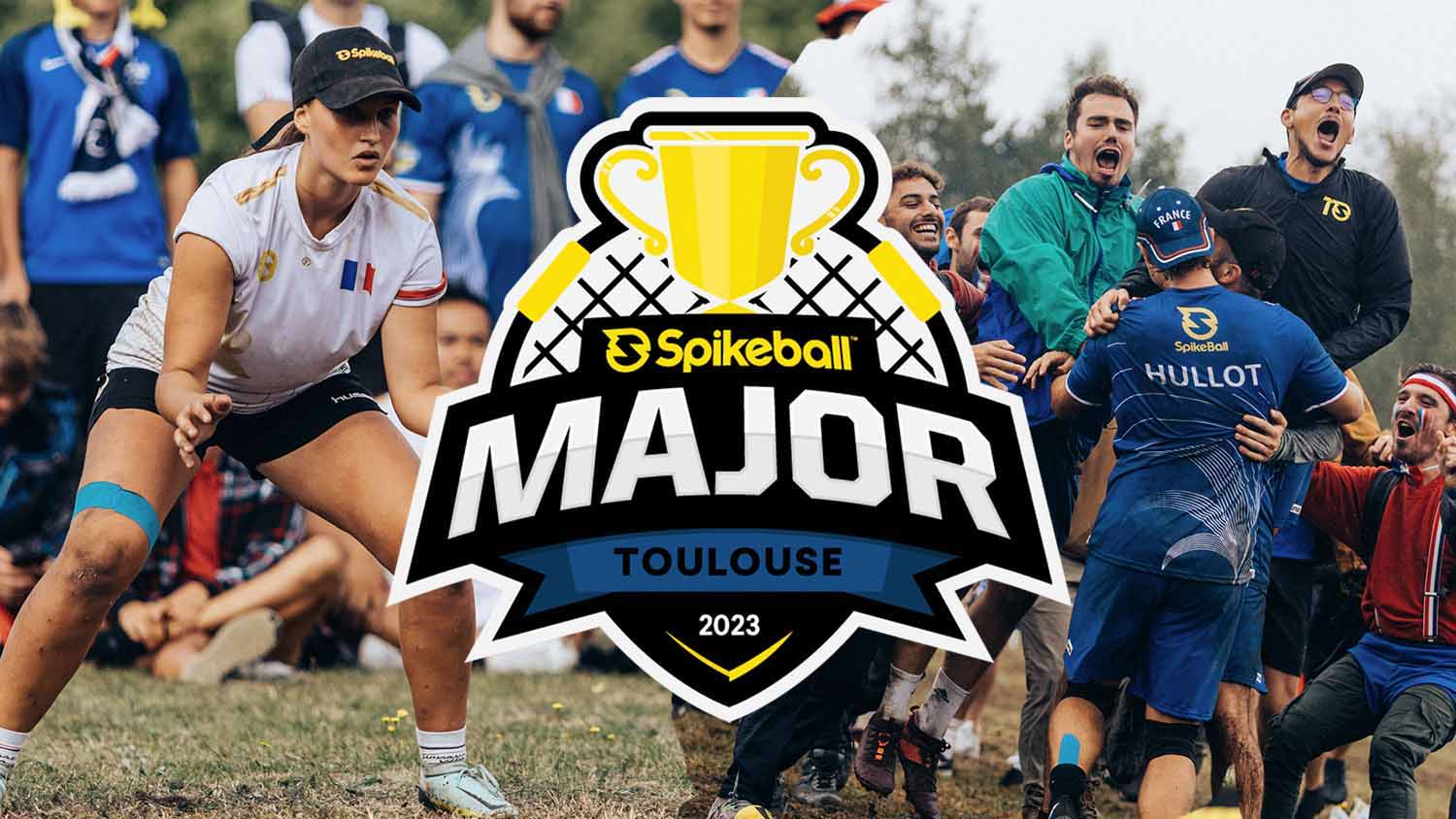 Players celebrating a point with a Spikeball Major Toulouse 2023 logo overlaid on an outdoor tournament field
