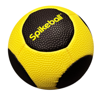 Front view of MAV1 Ball showcasing yellow and black textured panels with Spikeball branding on a plain background